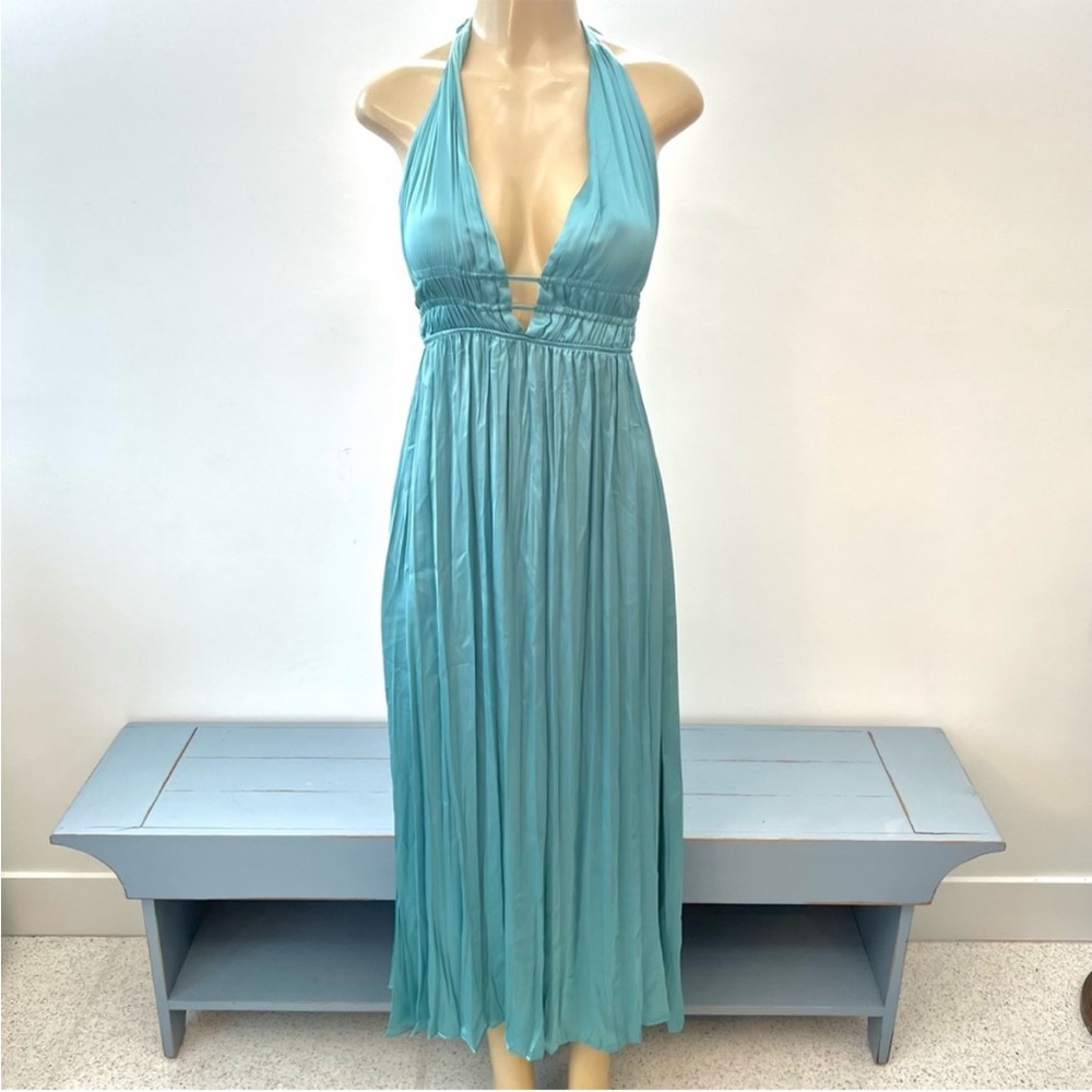 New Zara Open Back Halter Dress Satin Maxi Aqua Strappy